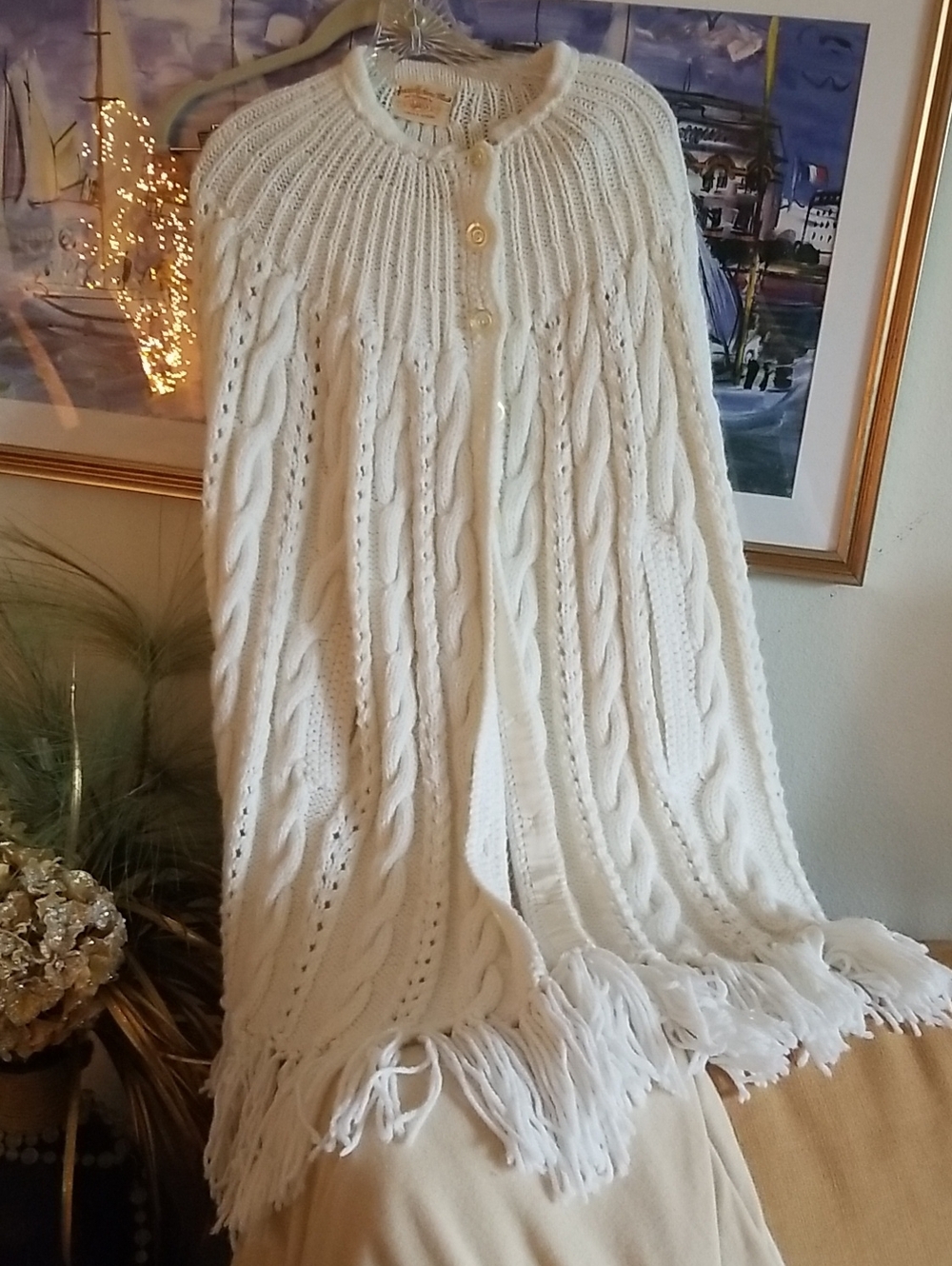 Women's Cream Cable-Knit Fringe Poncho Sweater